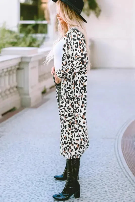 Leopard Print Open Front Duster Cardigan Women UK