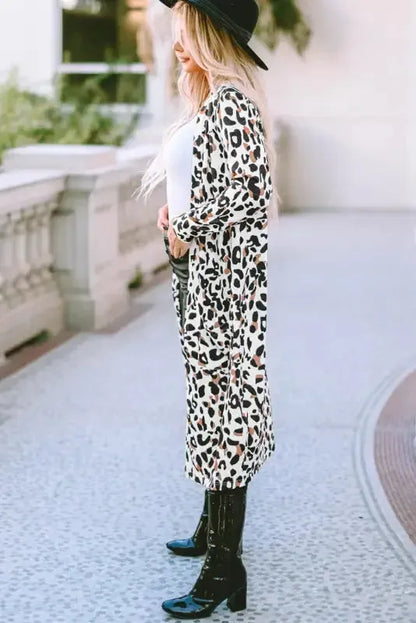 Leopard Print Open Front Duster Cardigan Women UK