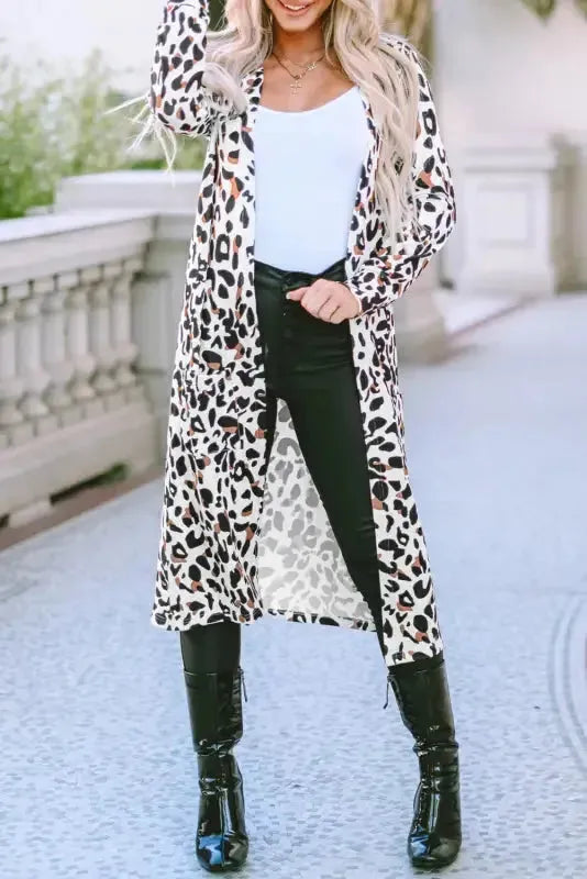 Leopard Print Open Front Duster Cardigan Women UK