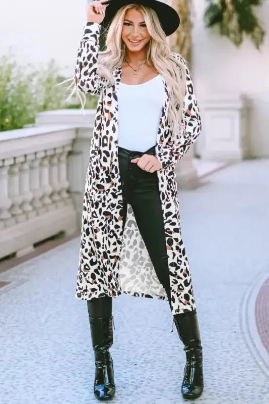 Leopard Print Open Front Duster Cardigan Women UK
