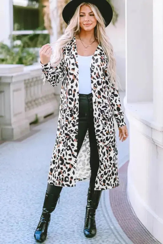 Leopard Print Open Front Duster Cardigan Women UK