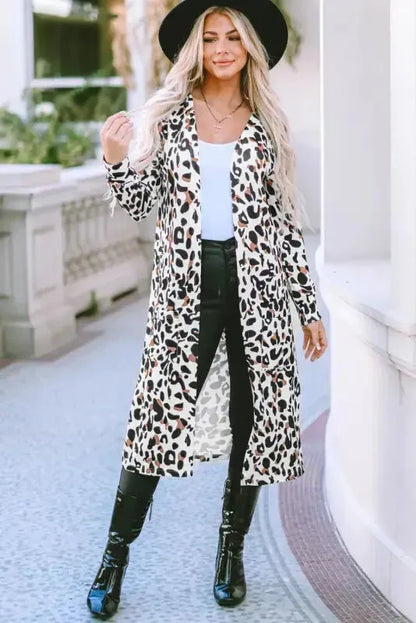 Leopard Print Open Front Duster Cardigan Women UK