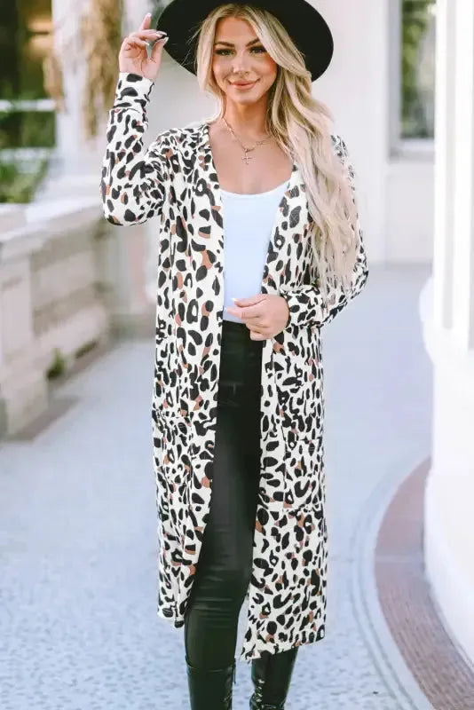 Leopard Print Open Front Duster Cardigan Women UK