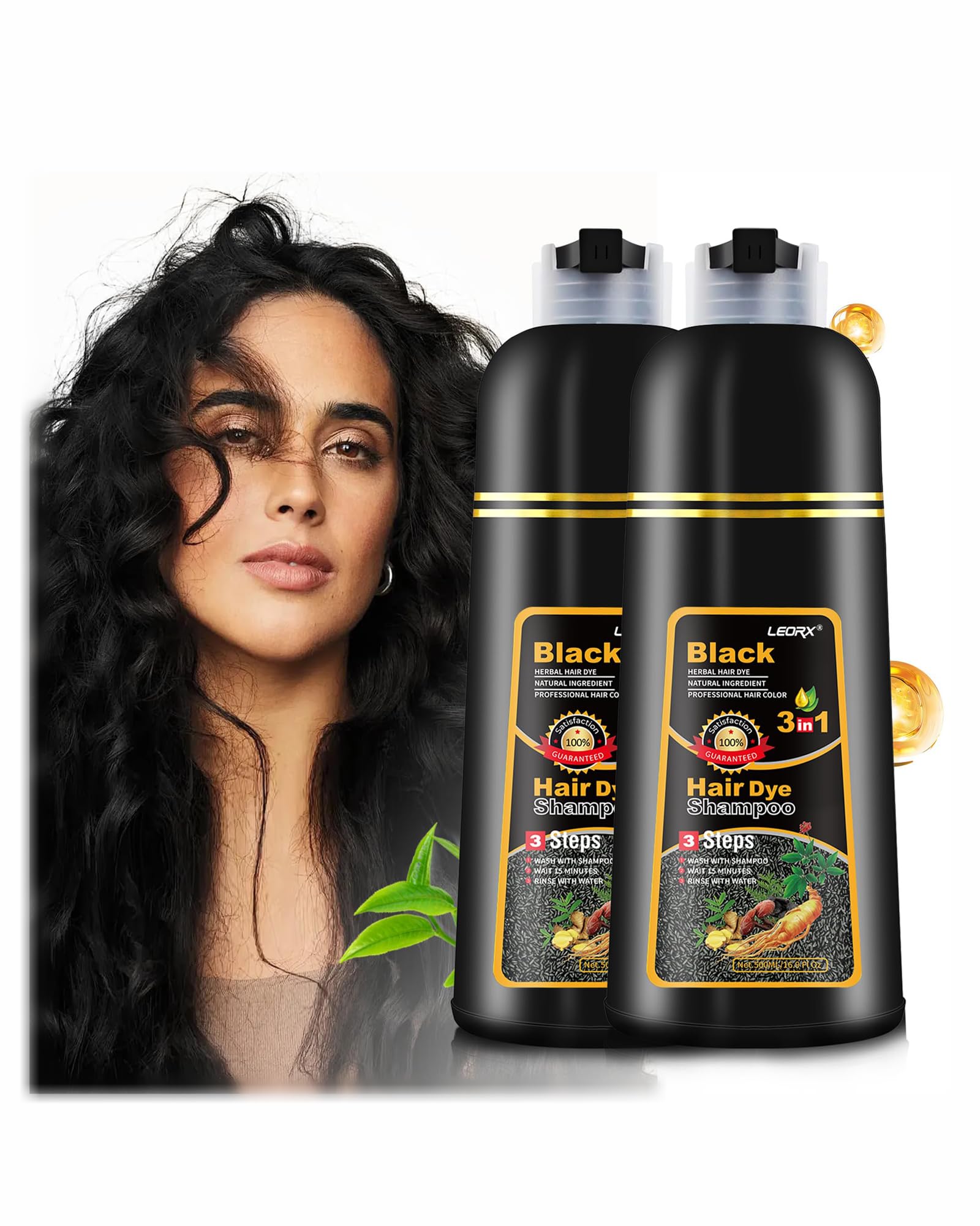 Leorx 2 Pack Black Hair Dye Shampoo — 3-in-1 Color, Cleanse & Condition for Gray Hair