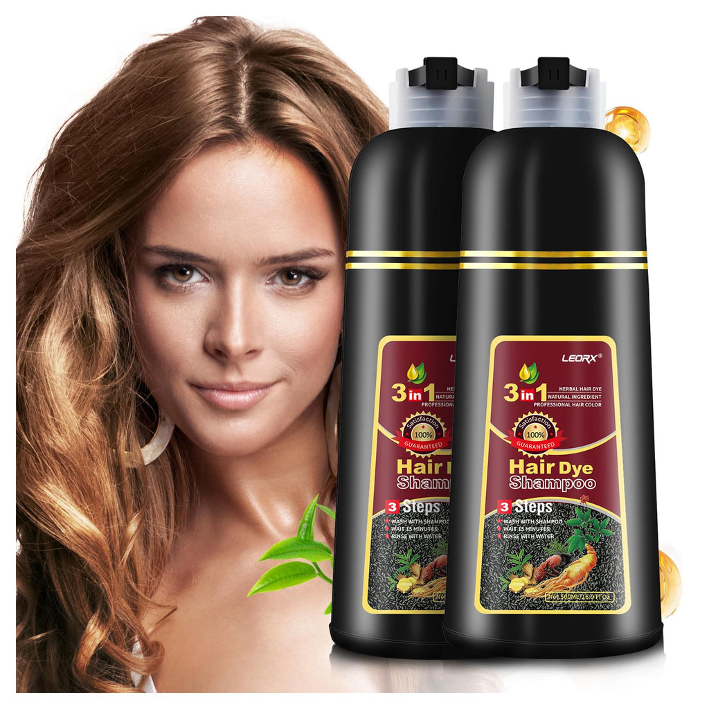 Leorx 2-Pack Hair Dye Shampoo – 3-in-1 Brown Color Shampoo for Quick At-Home Color