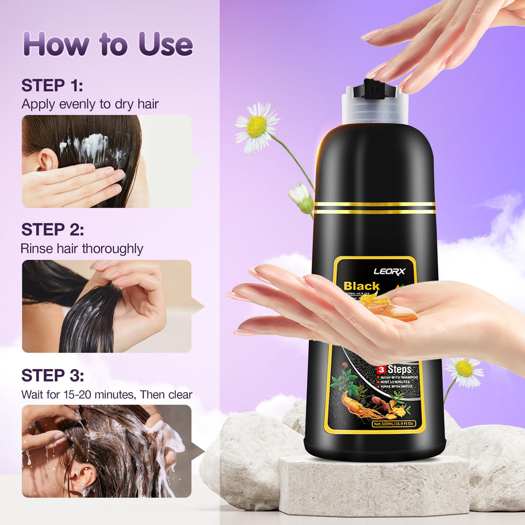 Leorx 3 In 1 Brown Hair Dye Shampoo - Even Color in 15–20 Minutes (16.9 oz)