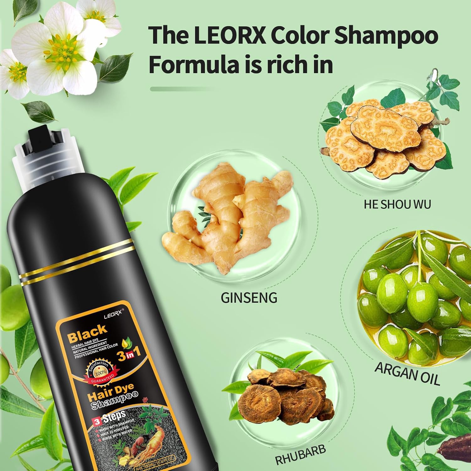 Leorx 2 Pack Black Hair Dye Shampoo — 3-in-1 Color, Cleanse & Condition for Gray Hair