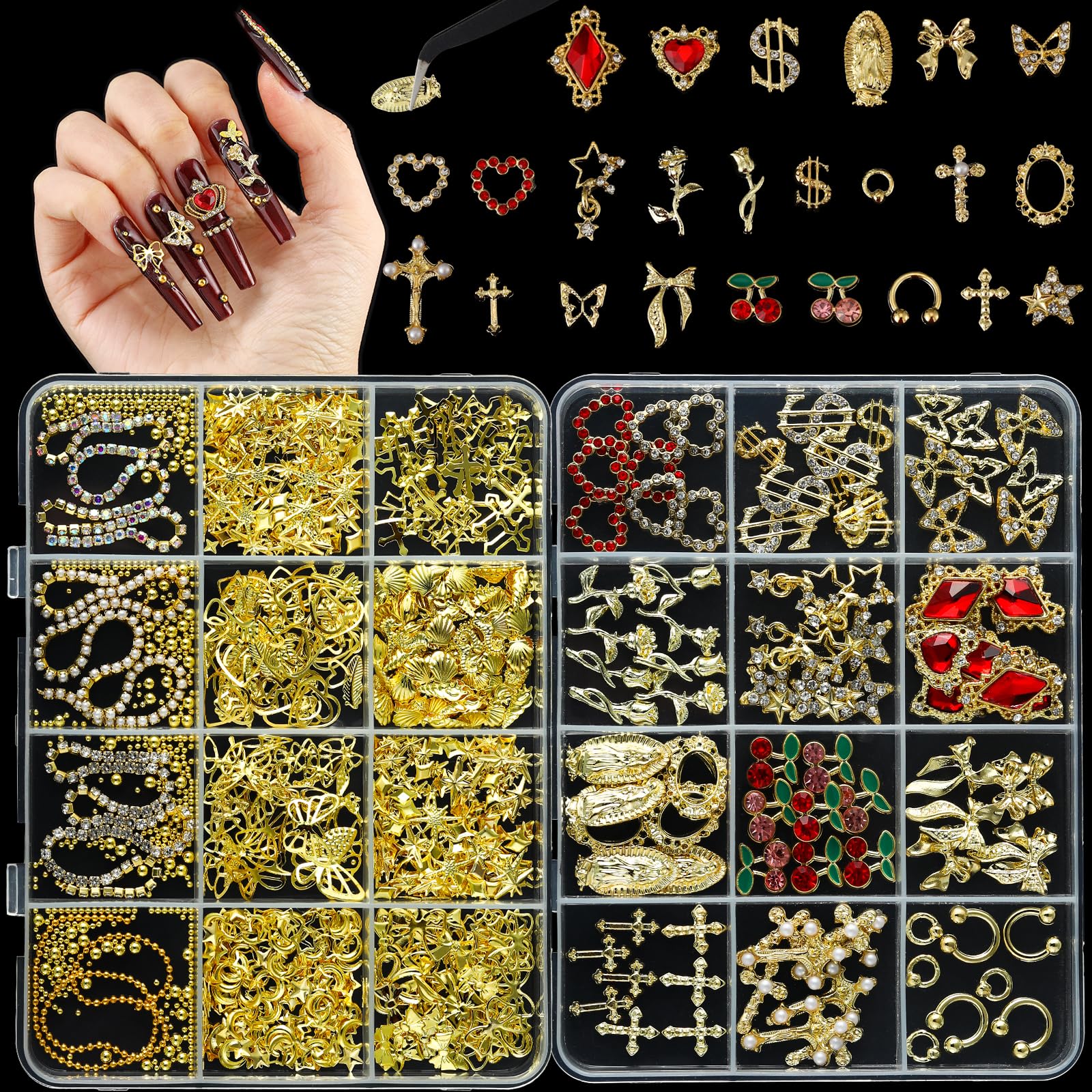 LERBOU Gold Nail Charms & Gems Set — 4 Boxes DIY Nail Decorations Kit | Gold 3D Charms, Champagne Rhinestones, Y2K Punk Style