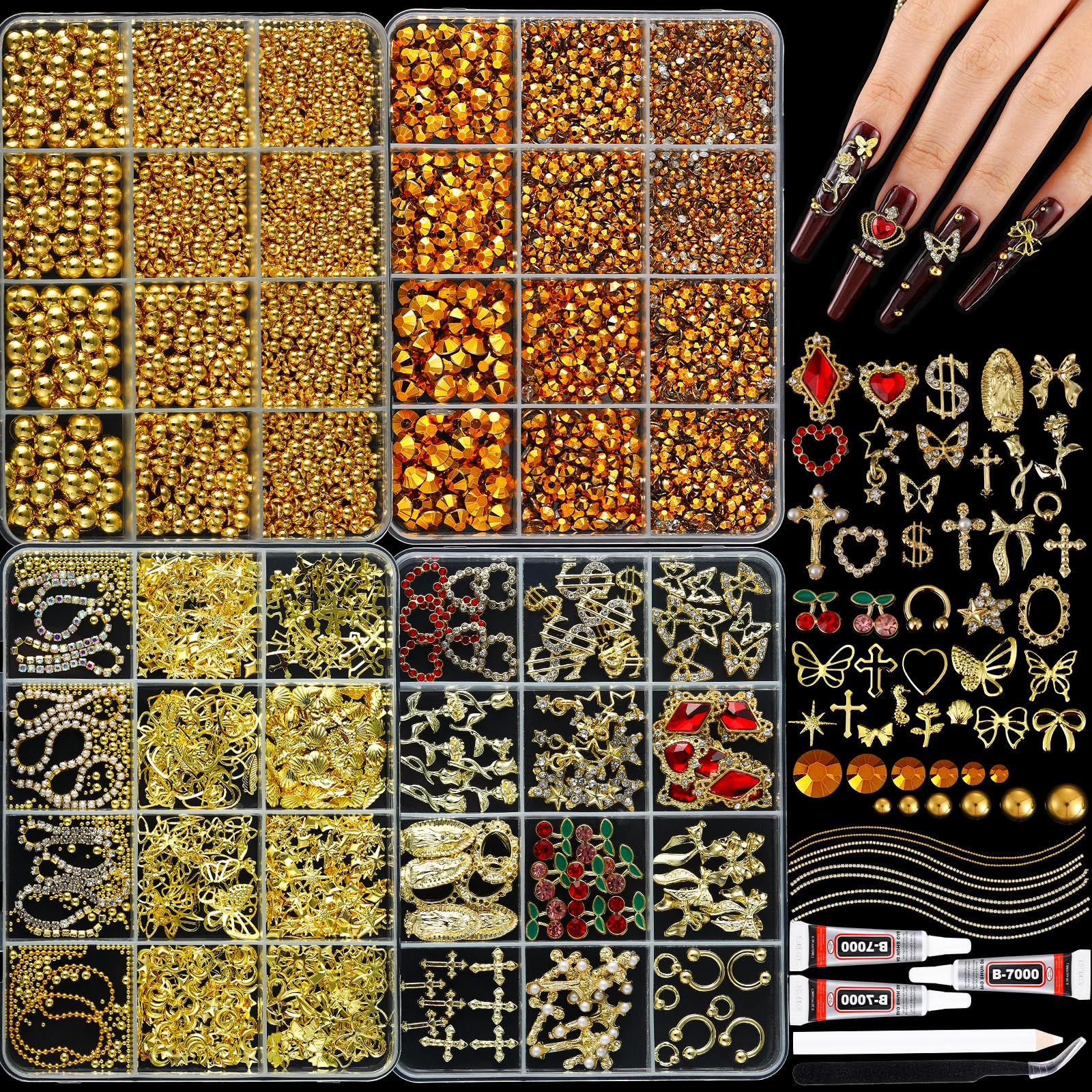 LERBOU Gold Nail Charms & Gems Set — 4 Boxes DIY Nail Decorations Kit | Gold 3D Charms, Champagne Rhinestones, Y2K Punk Style