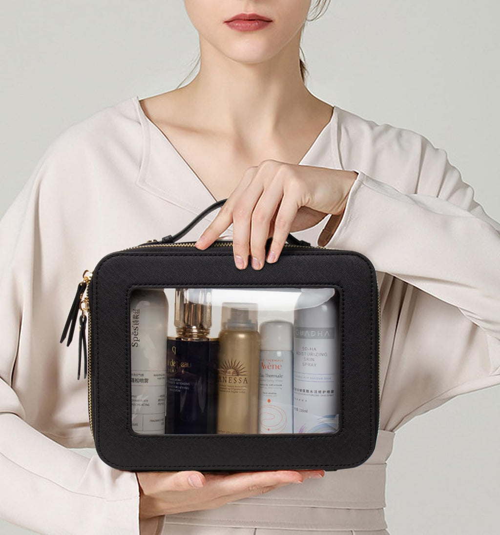 LETGO Clear Makeup Bags - TSA Approved Transparent Travel Organizer (Large Black)