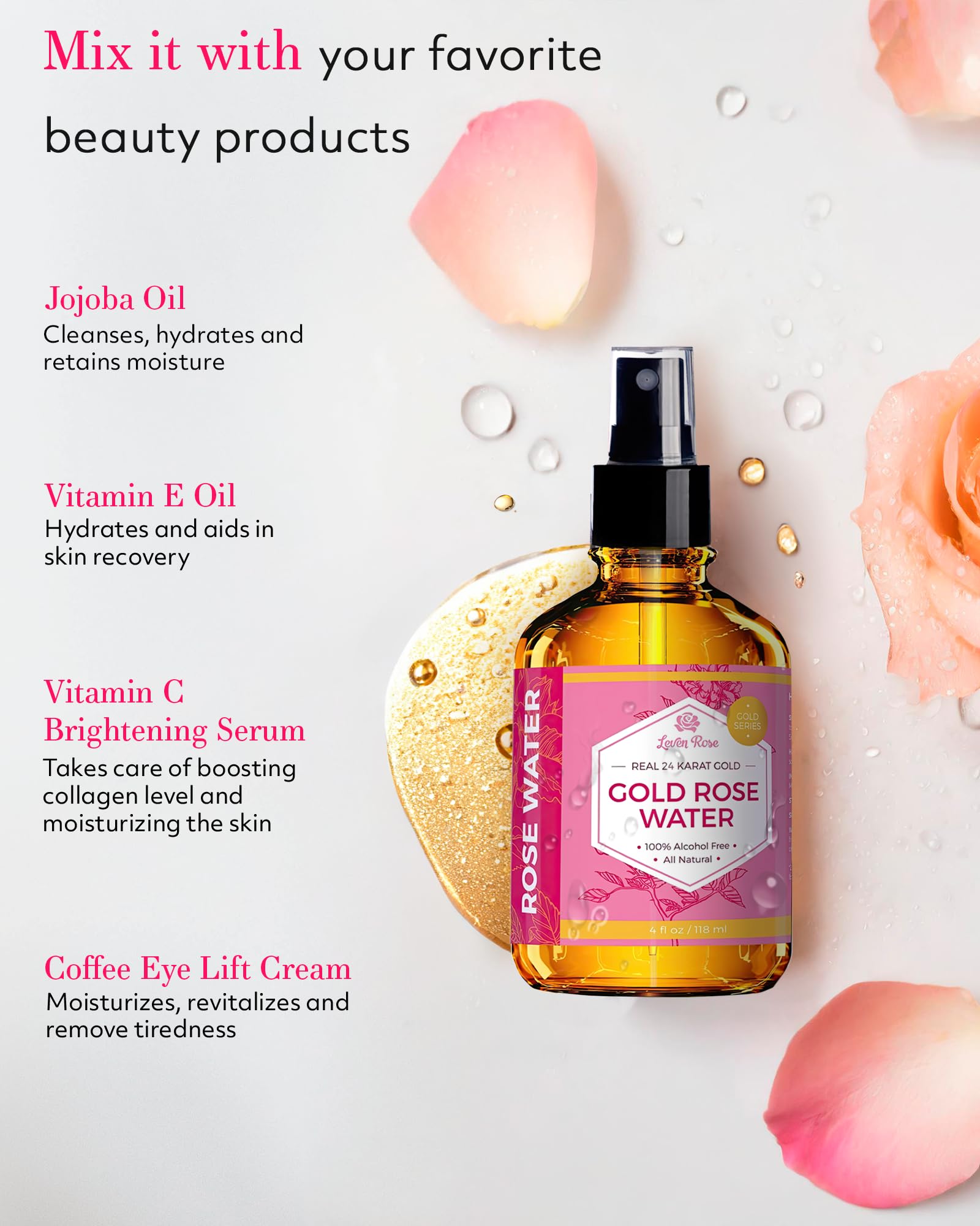 Leven Rose 24K Gold Rose Water Toner – Natural Moroccan Rosewater 4 oz