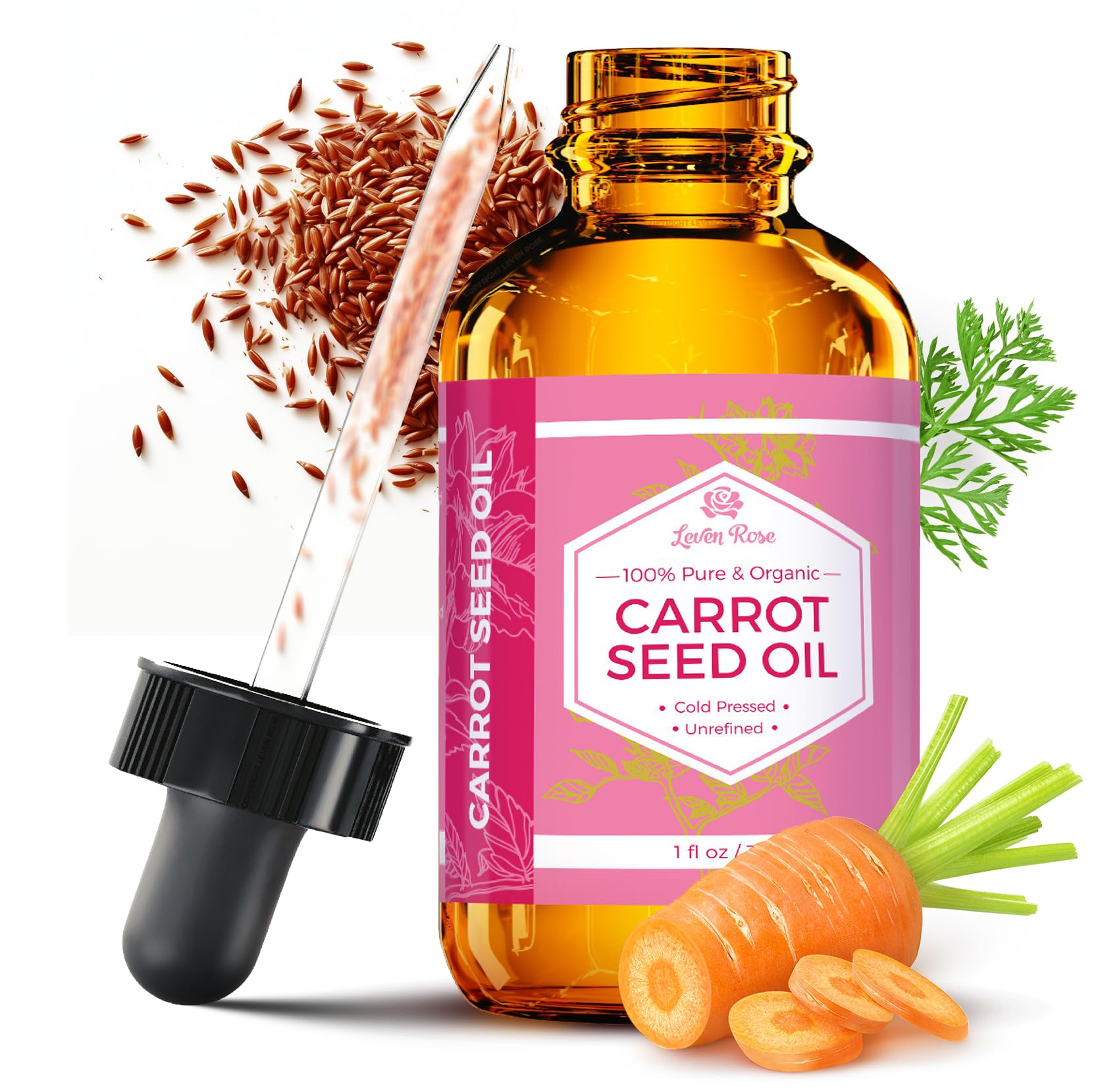 Leven Rose Carrot Seed Oil – Pure Unrefined Cold-Pressed Moisturizer for Hair, Skin & Nails (1 oz)