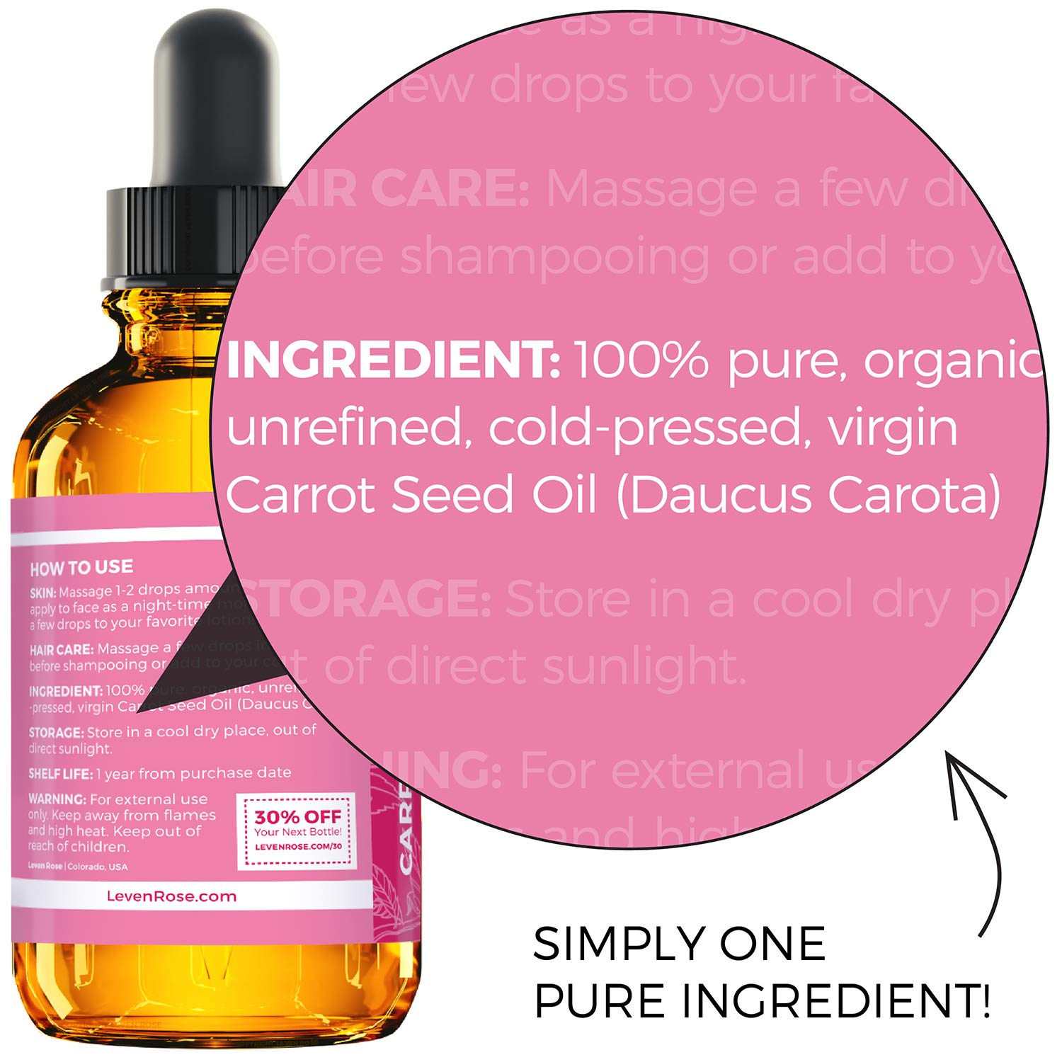 Leven Rose Carrot Seed Oil – Pure Unrefined Cold-Pressed Moisturizer for Hair, Skin & Nails (1 oz)