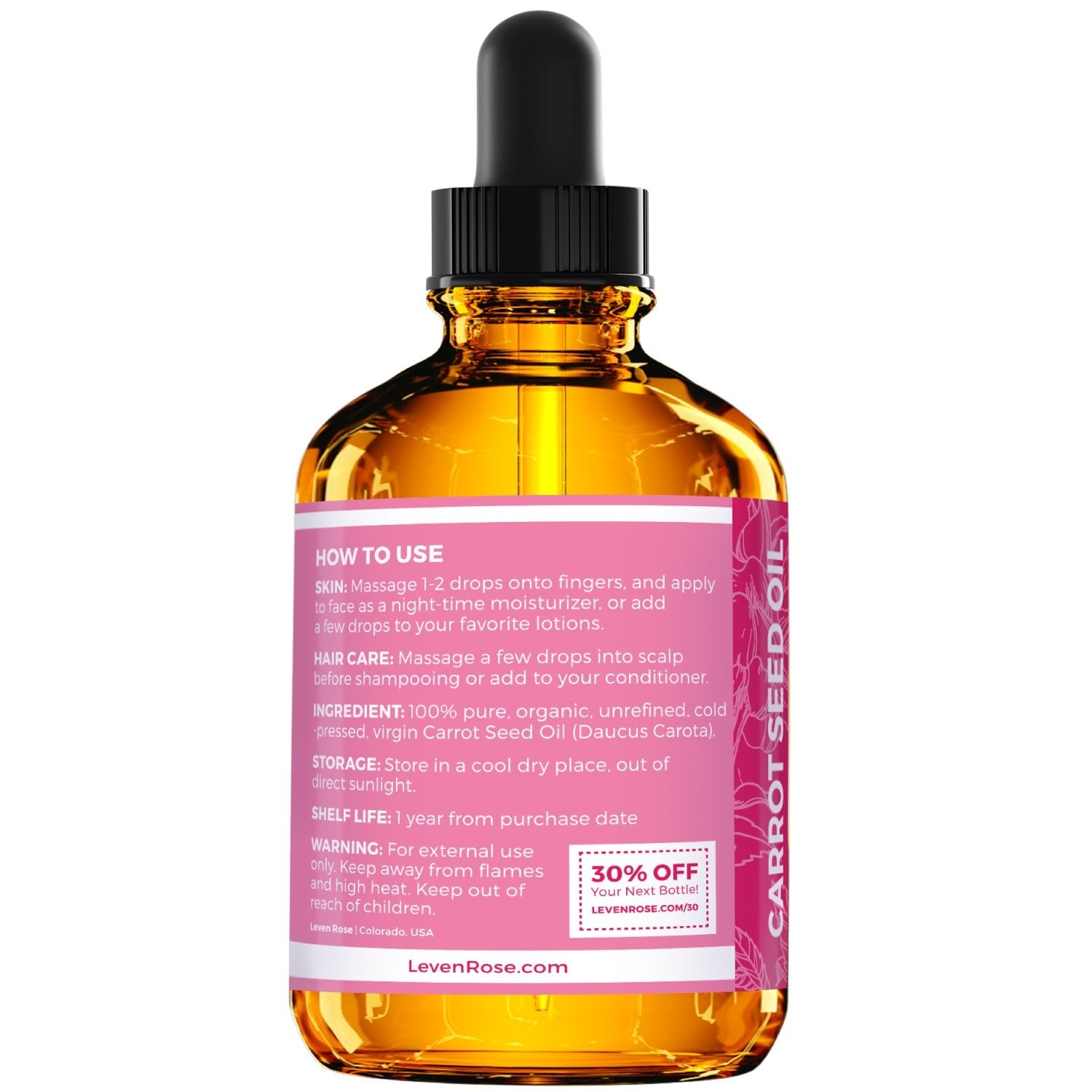 Leven Rose Carrot Seed Oil – 100% Pure Cold-Pressed Oil, 2 oz