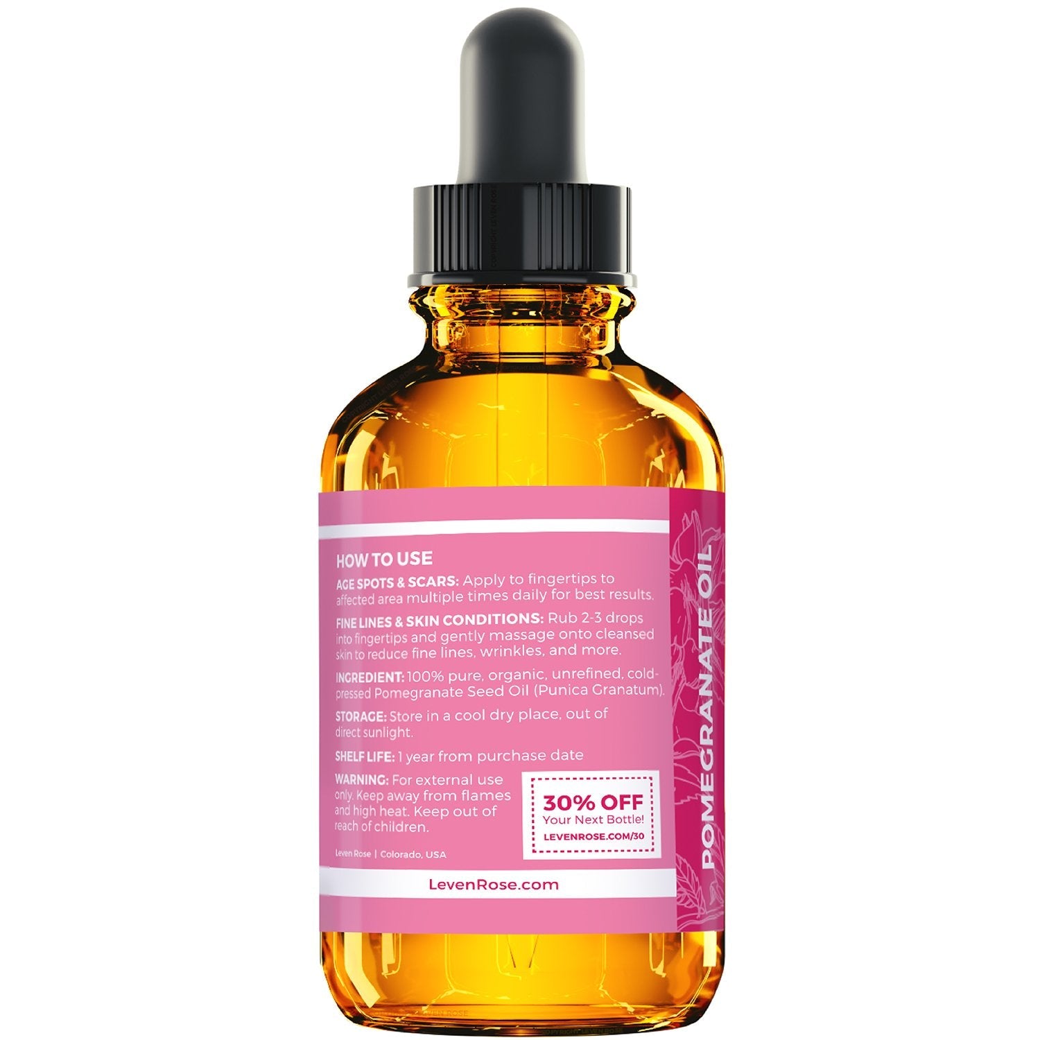 Leven Rose Pomegranate Seed Oil – 100% Pure, Unrefined, Cold-Pressed Moisturizer (1 oz)