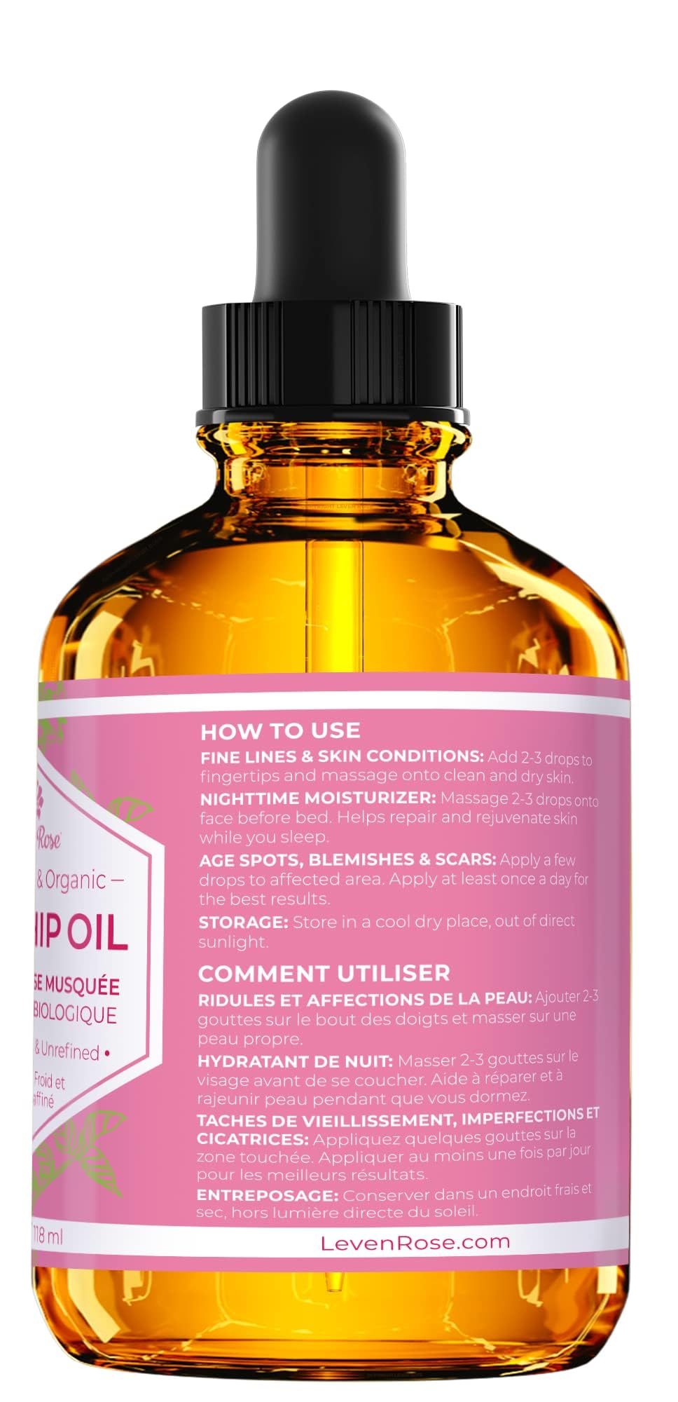 Leven Rose Rosehip Seed Oil for Face – 1 oz Pure, Unrefined, Cold-Pressed