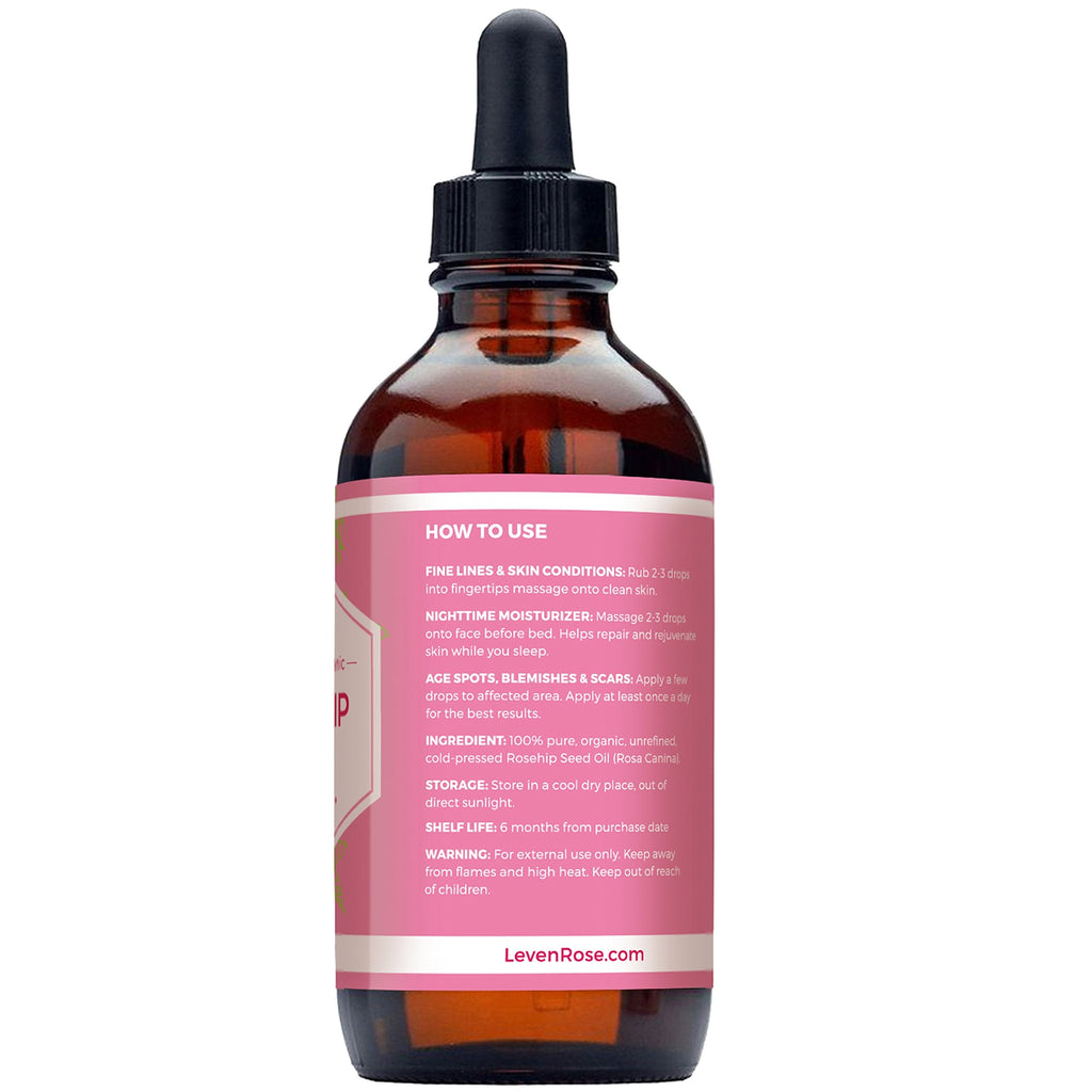 Leven Rose Rosehip Seed Oil for Face – 4 oz, Pure Unrefined Cold-Pressed Rosehip Oil for Skin, Hair & Nails