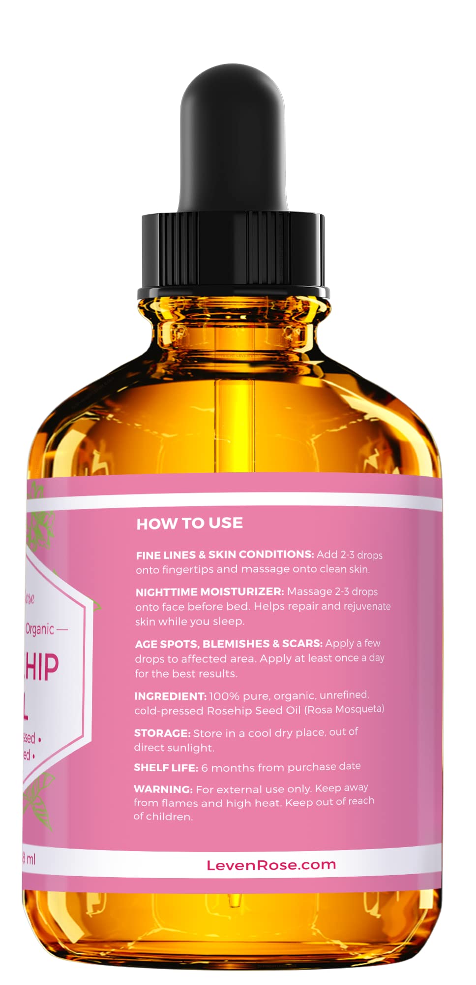 Leven Rose Rosehip Seed Oil for Face – 4 oz, Pure Unrefined Cold-Pressed Rosehip Oil for Skin, Hair & Nails