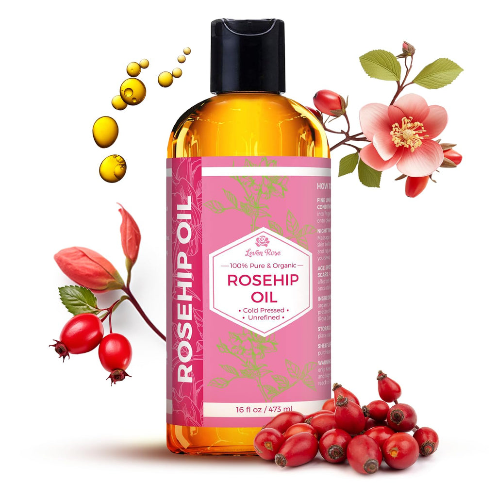 Leven Rose Rosehip Seed Oil 16 oz – Pure, Unrefined Cold-Pressed Rosehip Oil for Face, Body, Hair & Nails