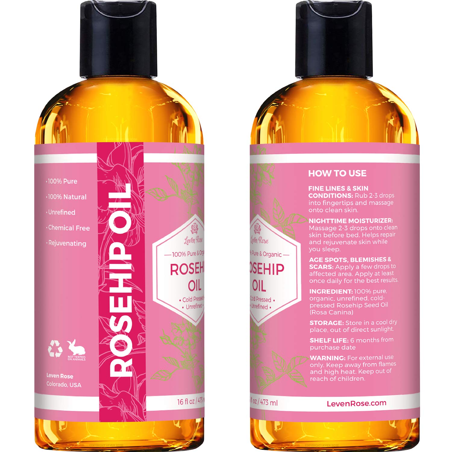 Leven Rose Rosehip Seed Oil 16 oz – Pure, Unrefined Cold-Pressed Rosehip Oil for Face, Body, Hair & Nails