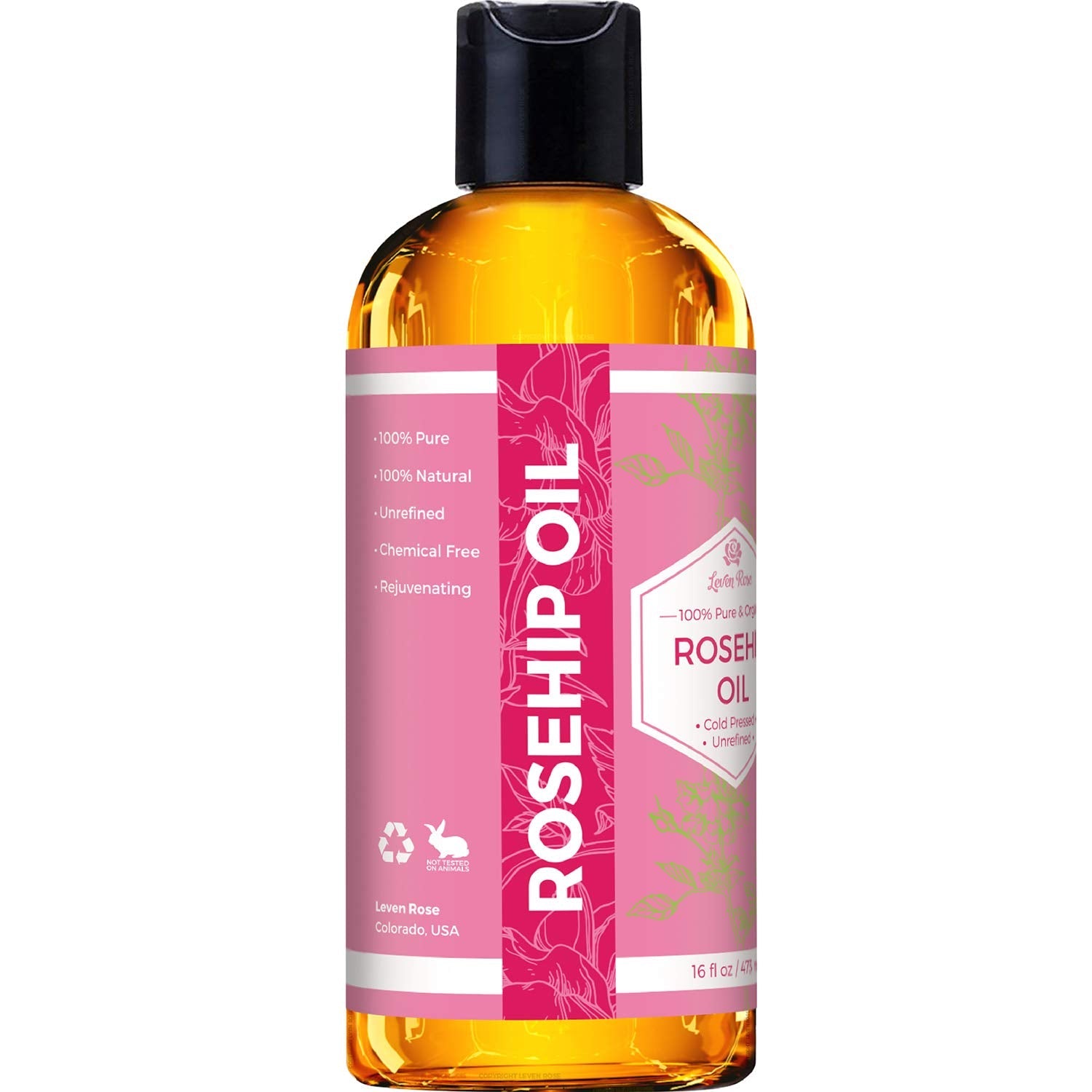Leven Rose Rosehip Seed Oil 16 oz – Pure, Unrefined Cold-Pressed Rosehip Oil for Face, Body, Hair & Nails