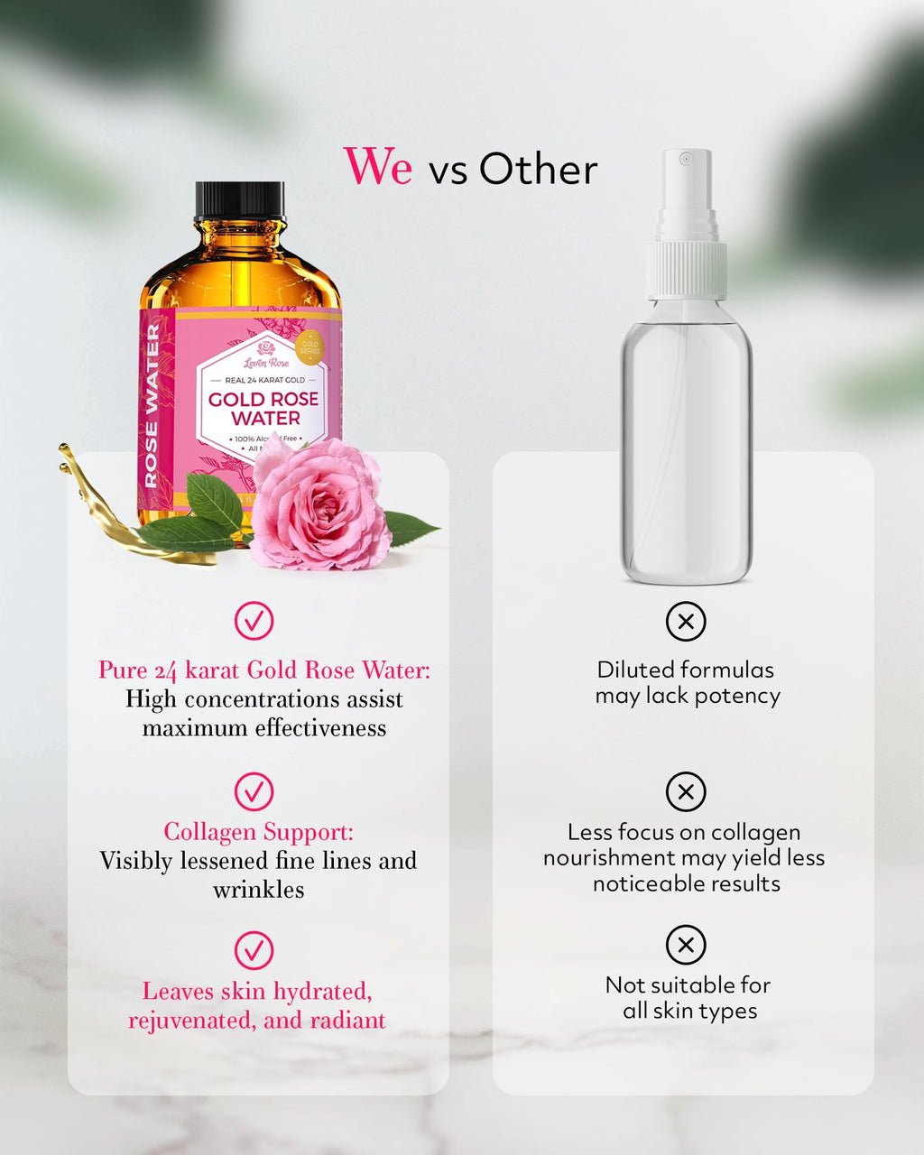 Leven Rose 24K Gold Rose Water Toner – Natural Moroccan Rosewater 4 oz
