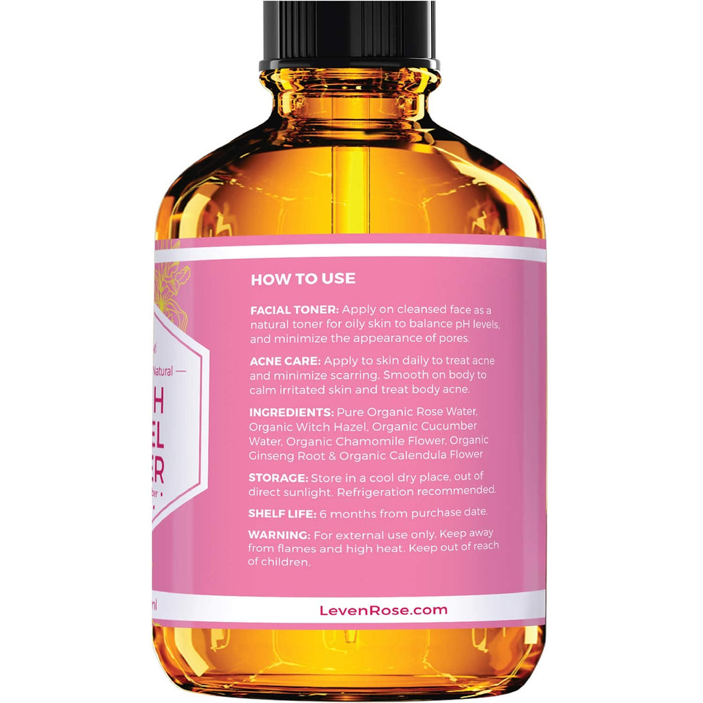 Leven Rose Witch Hazel Toner – 100% Pure Rose Water with Calendula, Cucumber & Chamomile (Alcohol-Free)