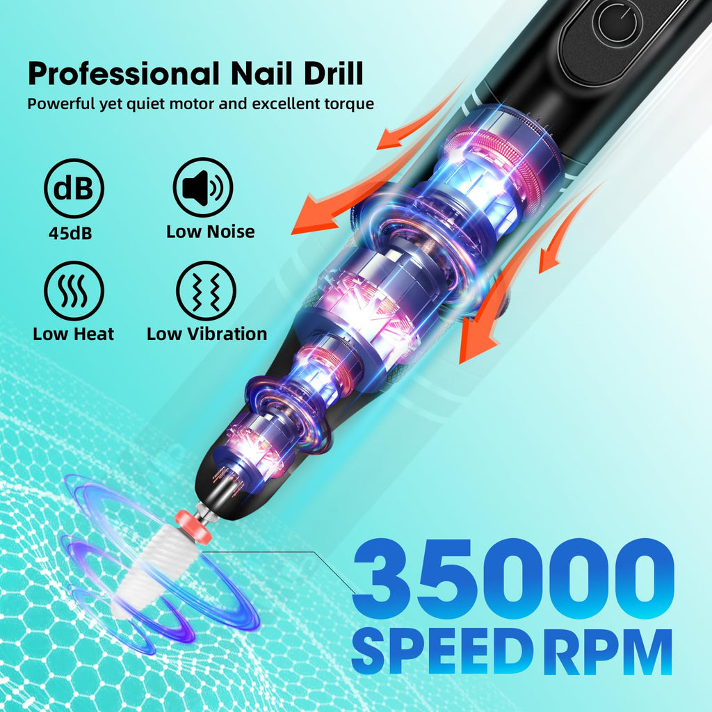 LIERKISS Cordless Nail Drill 35000RPM – Wireless Electric Nail File Kit