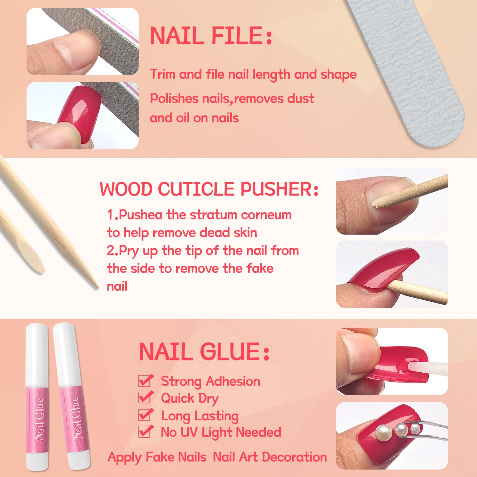 Lifextol Coffin Press-On Nails Long Length – 576pc Kit, 24 Colors, Glue & Tabs