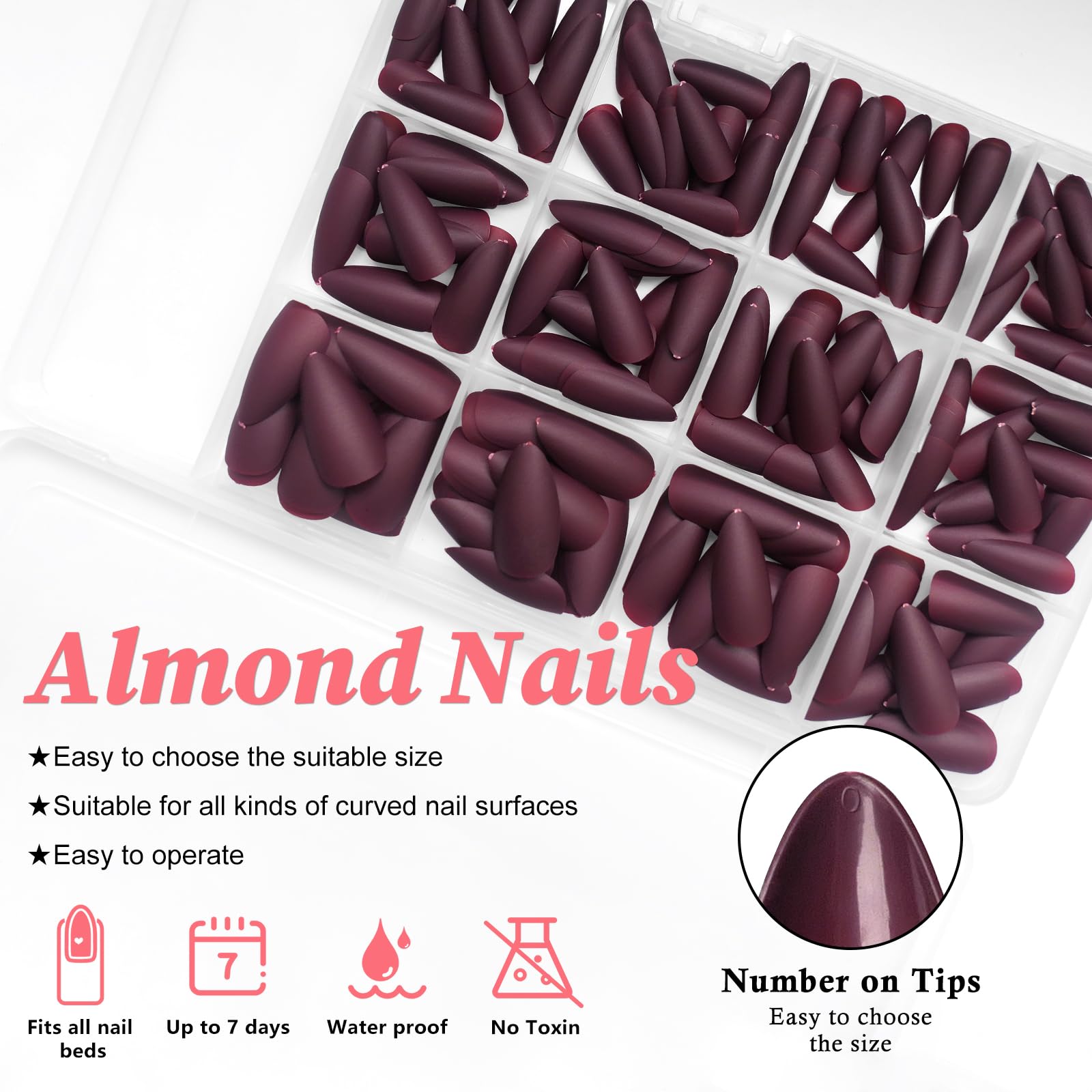 Lifextol 240pc Almond Press-On Nails Kit – Burgundy Matte, Medium Almond Short Stiletto