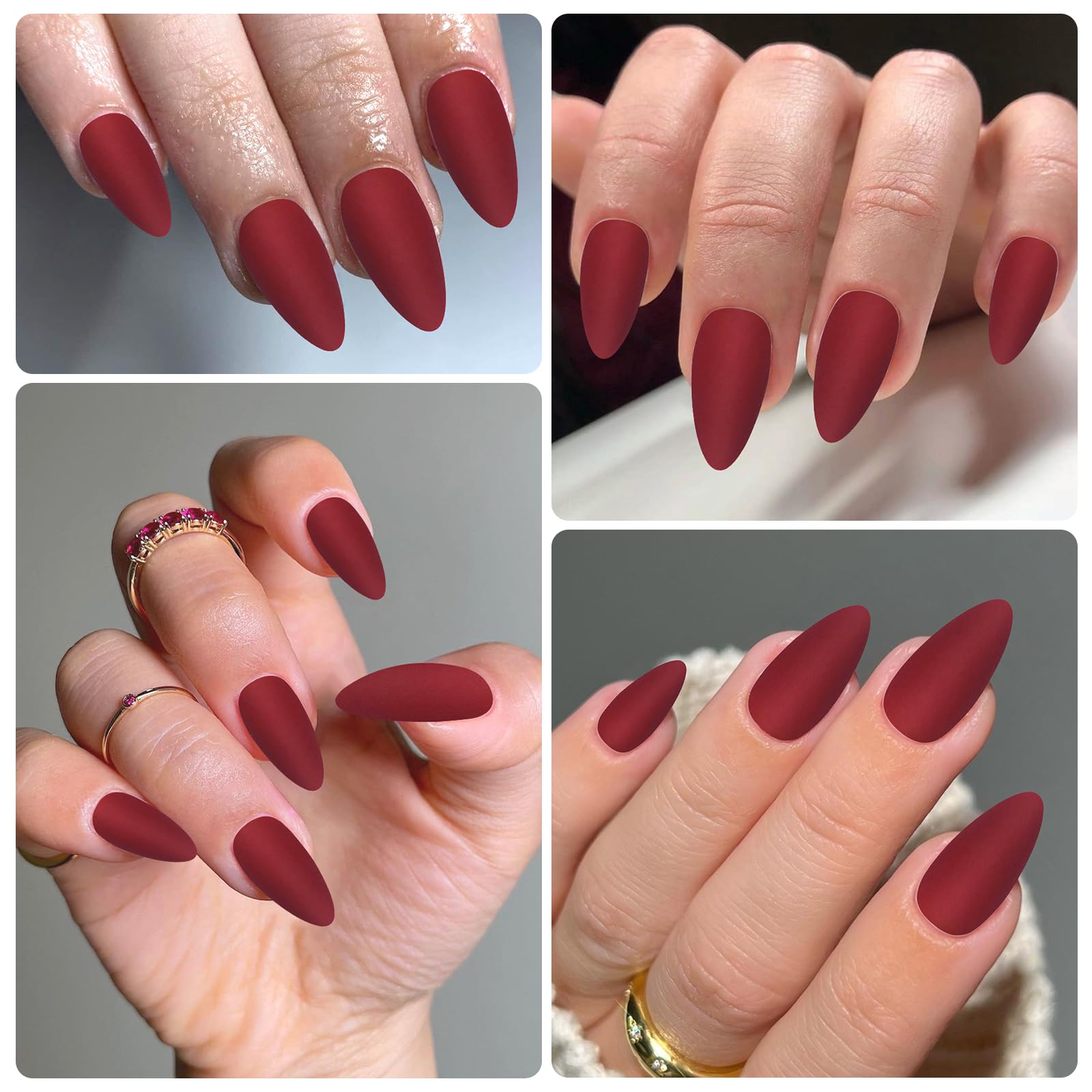 Lifextol 240pc Almond Press-On Nails – Medium Length Matte Burgundy Tips with Glue Tabs