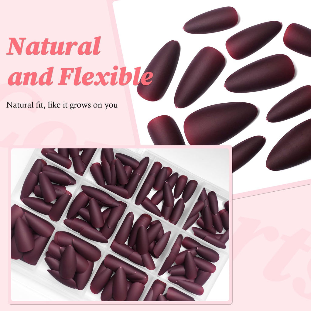Lifextol 240pc Almond Press-On Nails Kit – Burgundy Matte, Medium Almond Short Stiletto