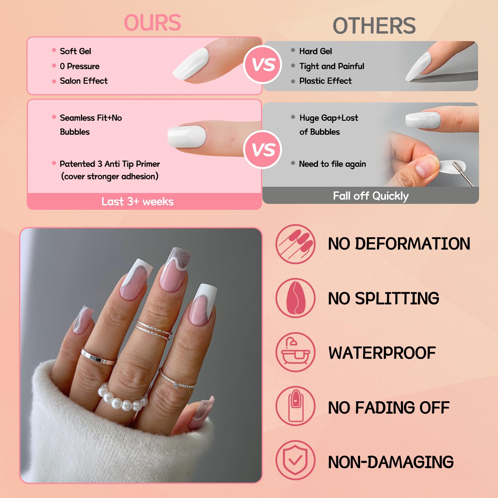 Lifextol Square Press-On Medium Nails – 576pc Pack with Adhesive Tabs (12 Sizes)