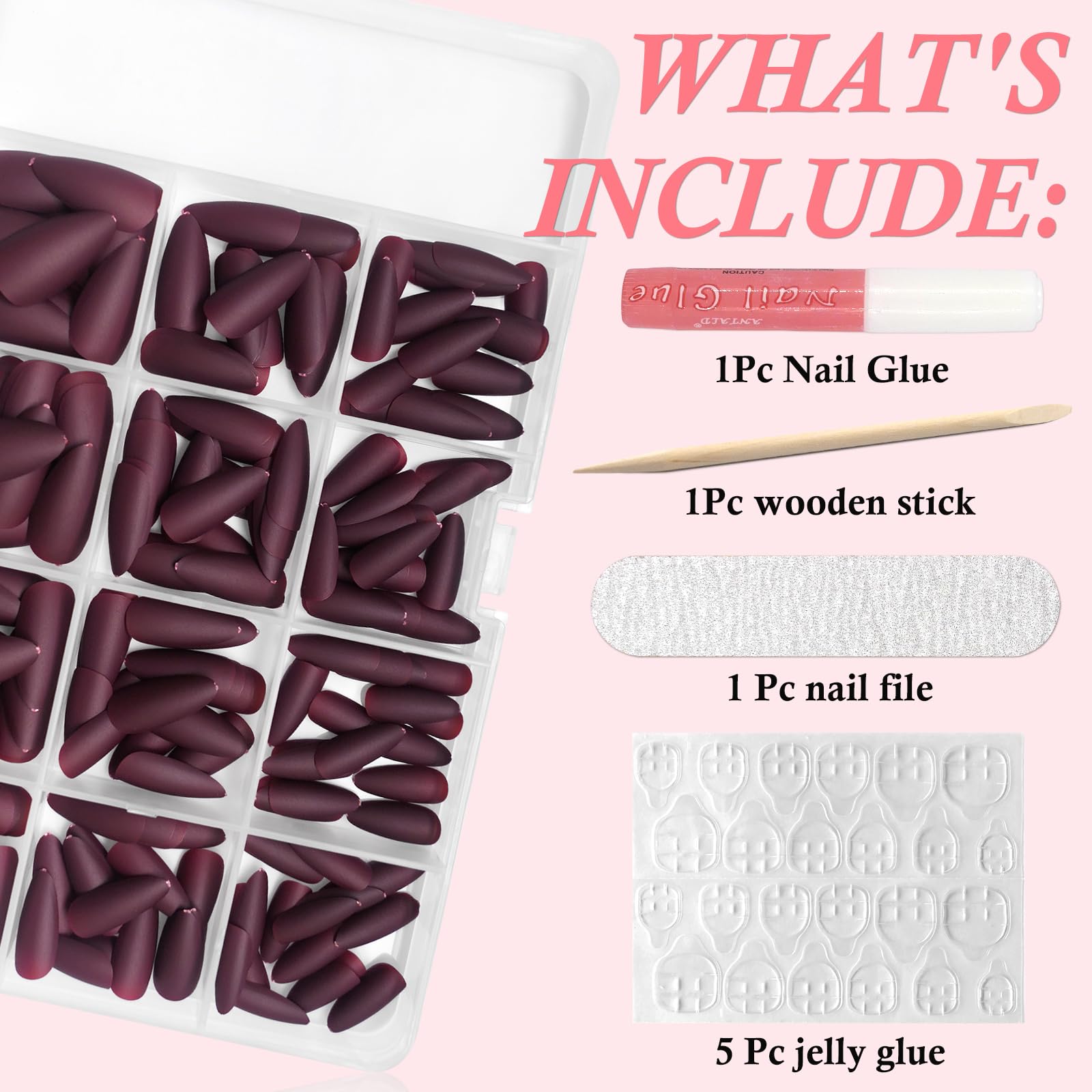 Lifextol 240pc Almond Press-On Nails Kit – Burgundy Matte, Medium Almond Short Stiletto