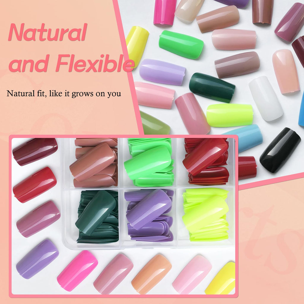 Lifextol Square Press-On Medium Nails – 576pc Pack with Adhesive Tabs (12 Sizes)