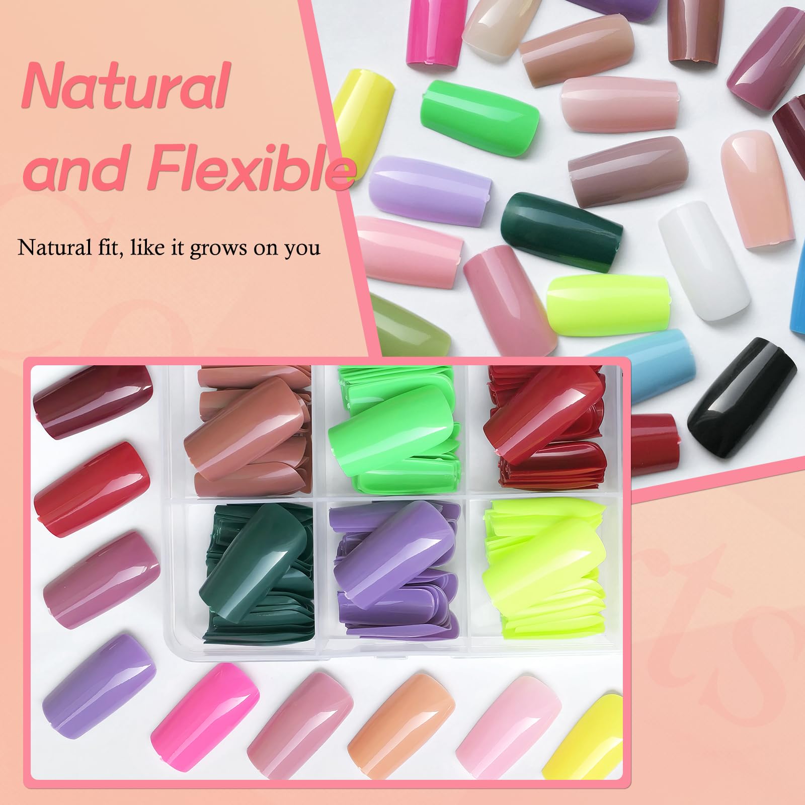 Lifextol Square Press-On Medium Nails – 576pc Pack with Adhesive Tabs (12 Sizes)