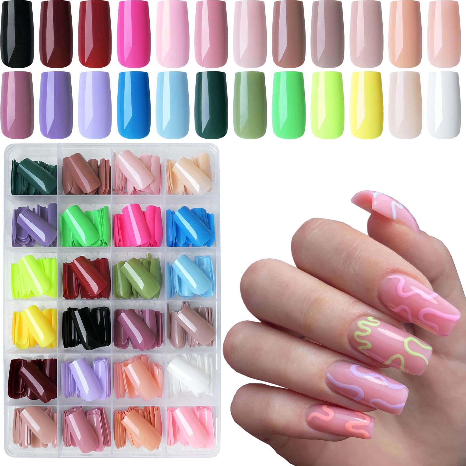 Lifextol Square Press-On Medium Nails – 576pc Pack with Adhesive Tabs (12 Sizes)