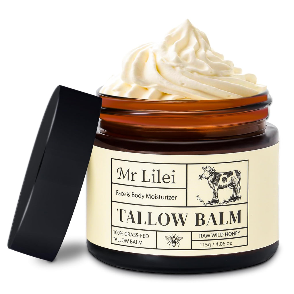 Lilei Beauty Organic Grass-Fed Beef Tallow Balm with Raw Honey – Hydrating Face & Body Moisturizer (Unscented, 115g)