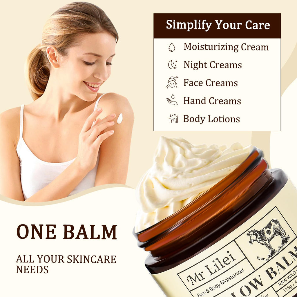 Lilei Beauty Organic Grass-Fed Beef Tallow Balm with Raw Honey – Hydrating Face & Body Moisturizer (Unscented, 115g)
