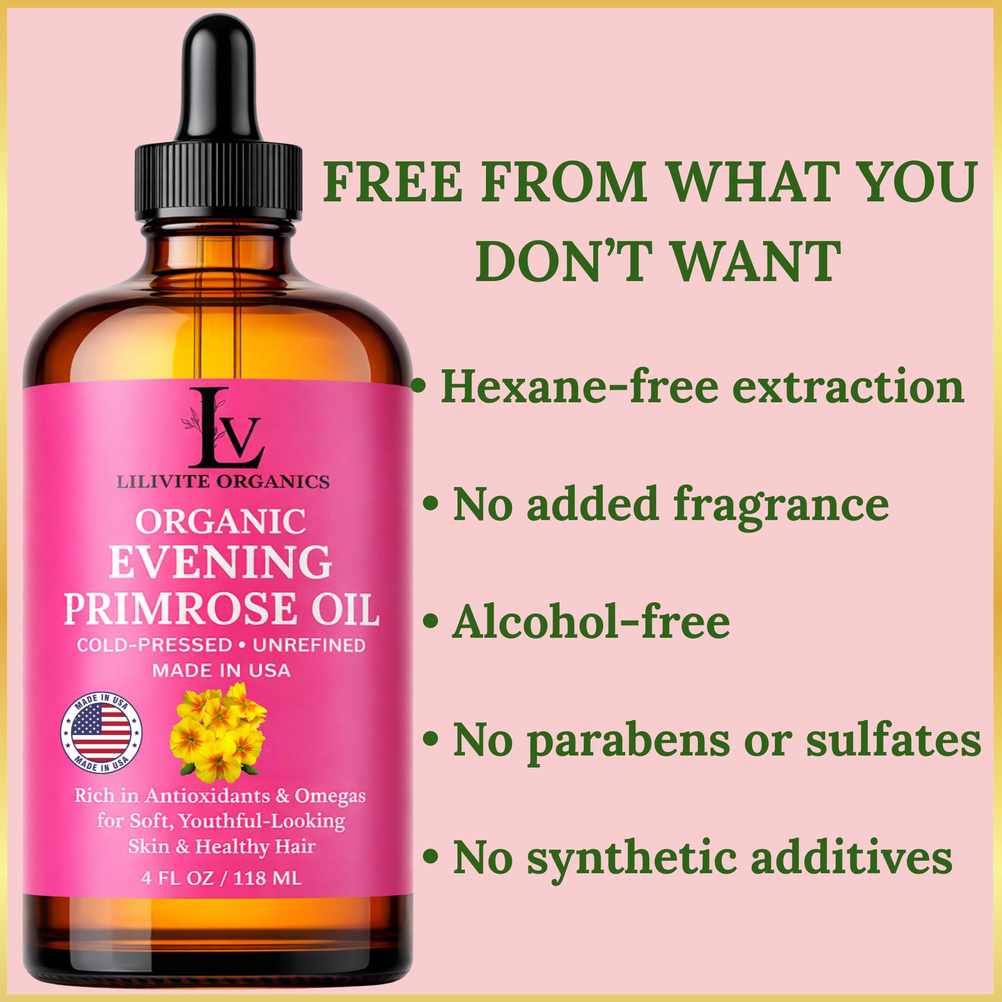 LILIVITE ORGANICS Evening Primrose Oil – 100% Pure, Cold-Pressed, Unrefined, 4 fl oz