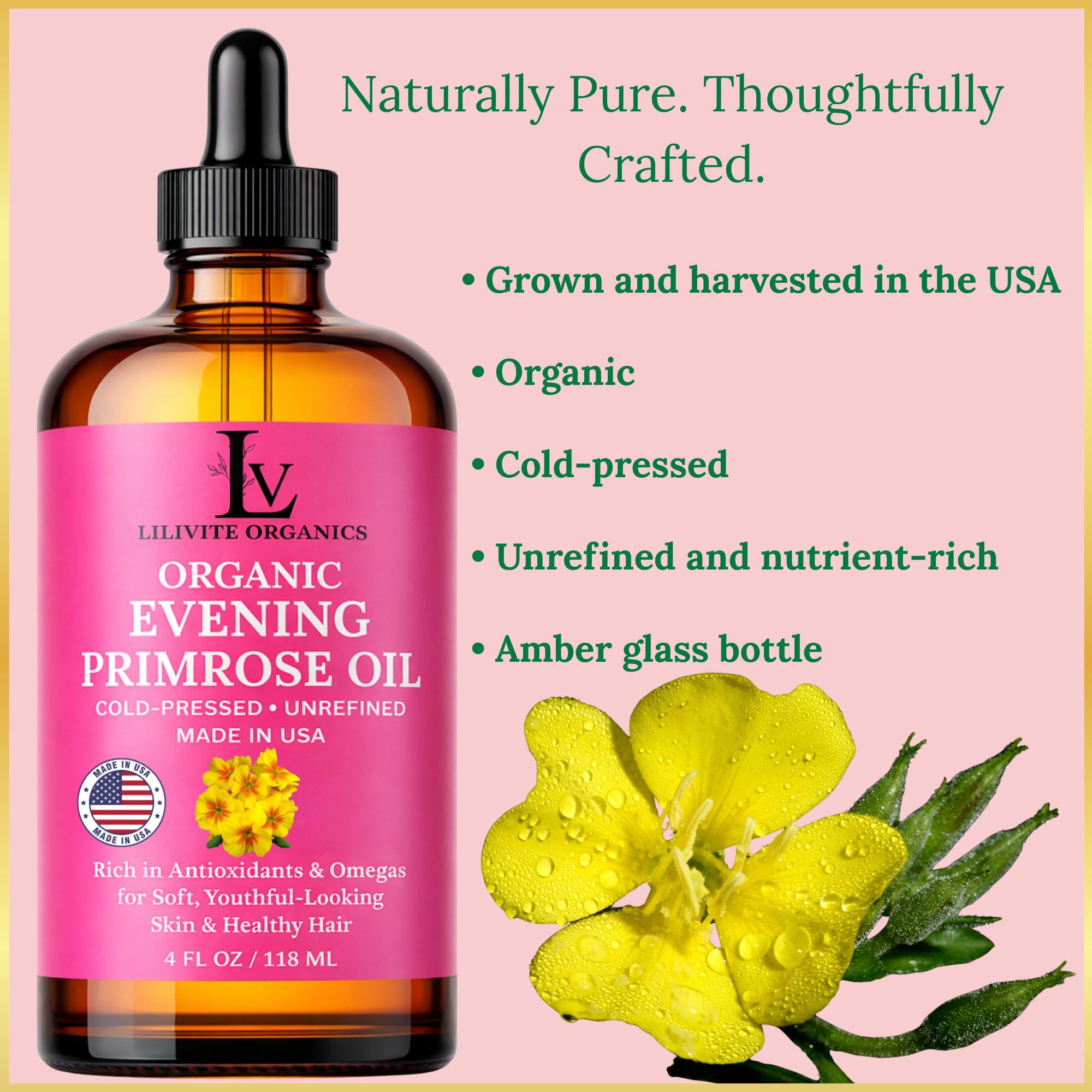 LILIVITE ORGANICS Evening Primrose Oil – 100% Pure, Cold-Pressed, Unrefined, 4 fl oz