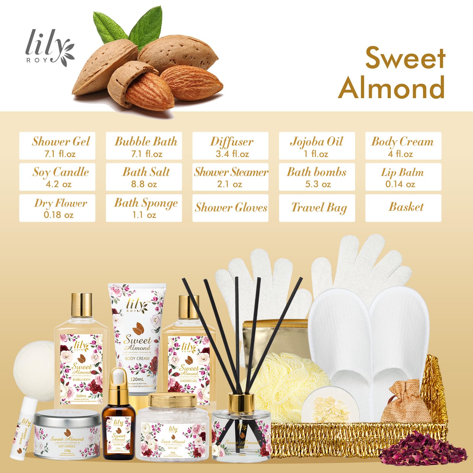 LILY ROY Valentines Day Gift Basket – 17-Piece Almond Luxury Spa Set for Women
