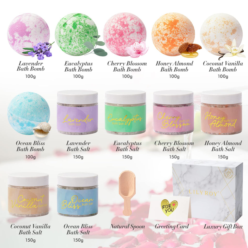 LILY ROY Luxury 15-Piece Bath Gift Set | 6 Bath Salts & 6 Bath Bombs in Elegant Gift Box