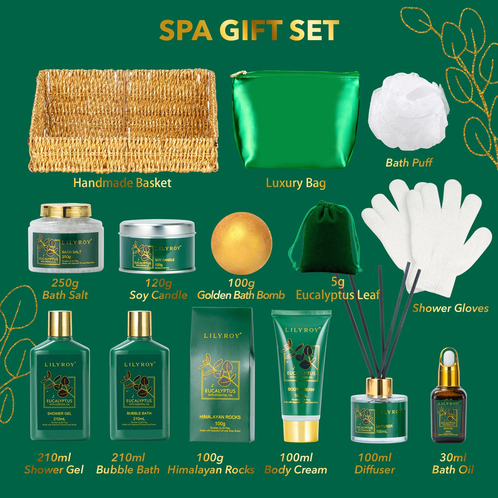 LILY ROY 15-Piece Eucalyptus Bath Gift Set – Valentines Day Spa Basket