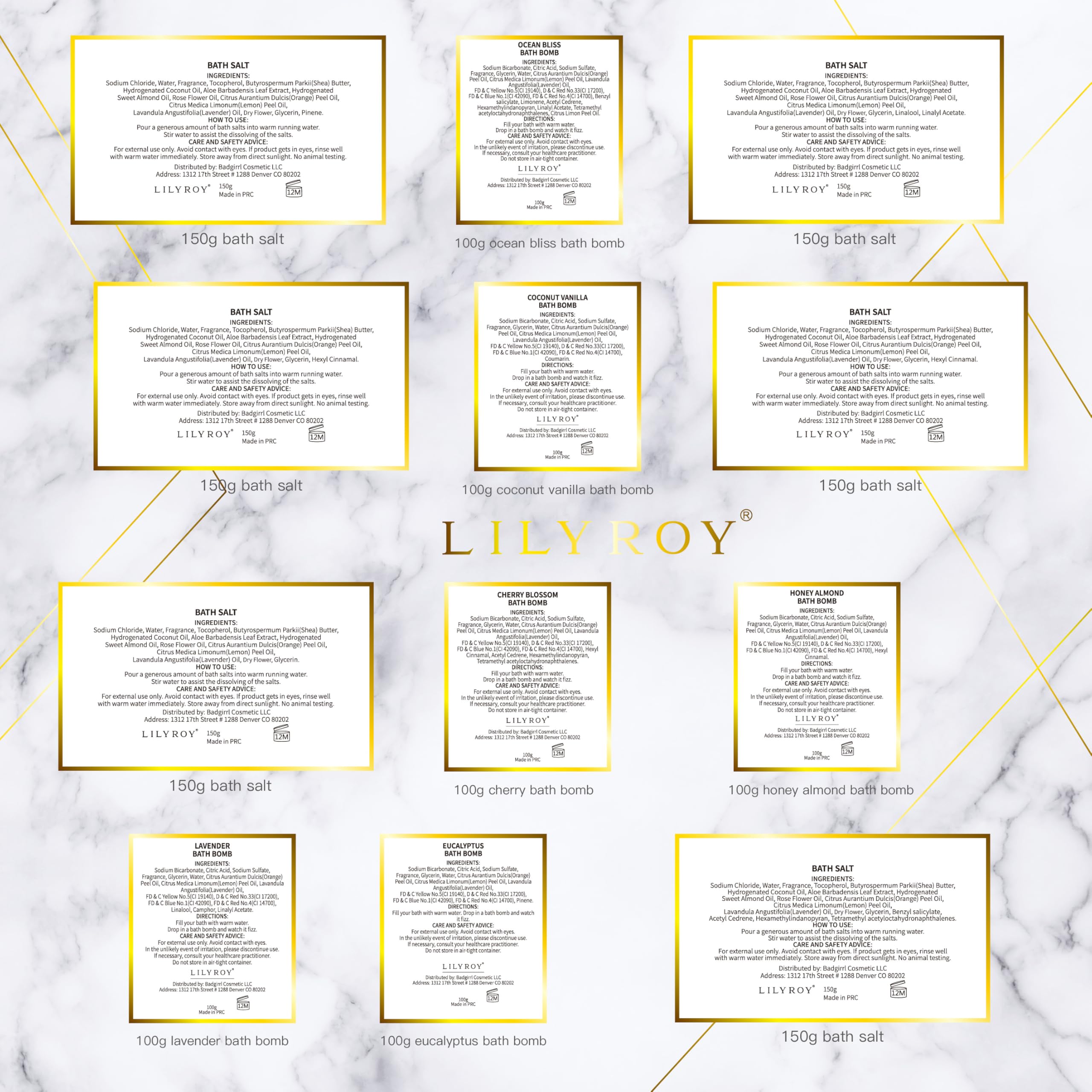 LILY ROY Luxury 15-Piece Bath Gift Set | 6 Bath Salts & 6 Bath Bombs in Elegant Gift Box