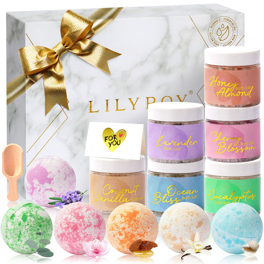 LILY ROY Luxury 15-Piece Bath Gift Set | 6 Bath Salts & 6 Bath Bombs in Elegant Gift Box