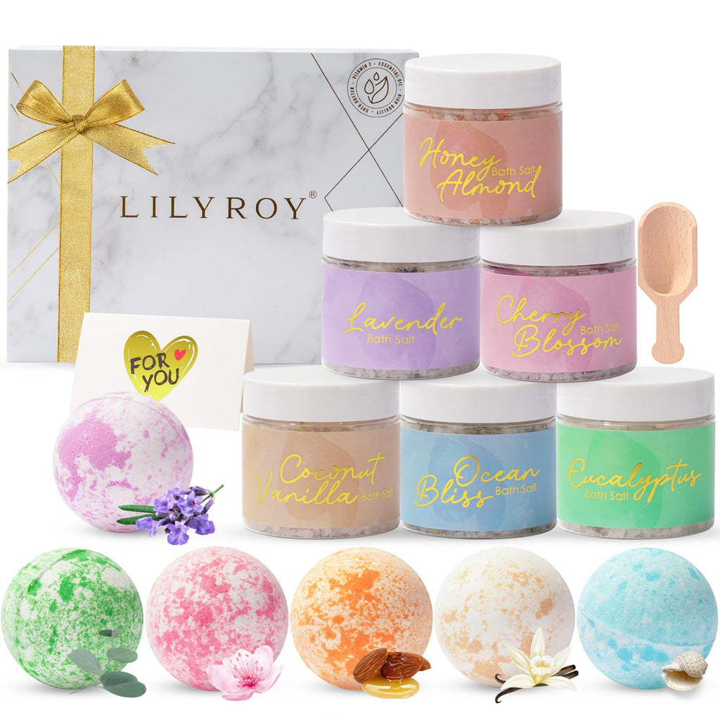 LILY ROY Luxury 15-Piece Bath Gift Set | 6 Bath Salts & 6 Bath Bombs in Elegant Gift Box