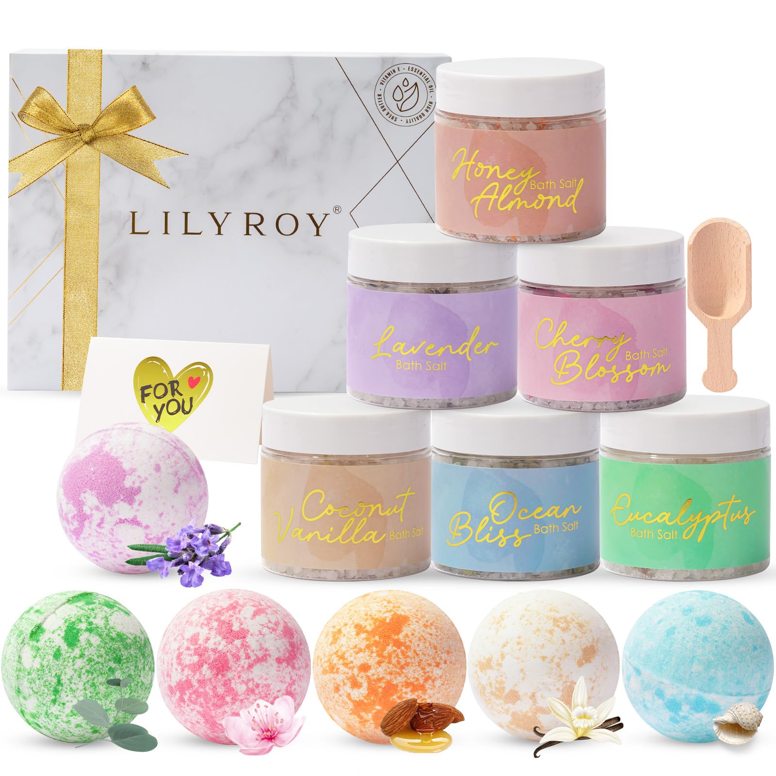 LILY ROY Luxury 15-Piece Bath Gift Set | 6 Bath Salts & 6 Bath Bombs in Elegant Gift Box