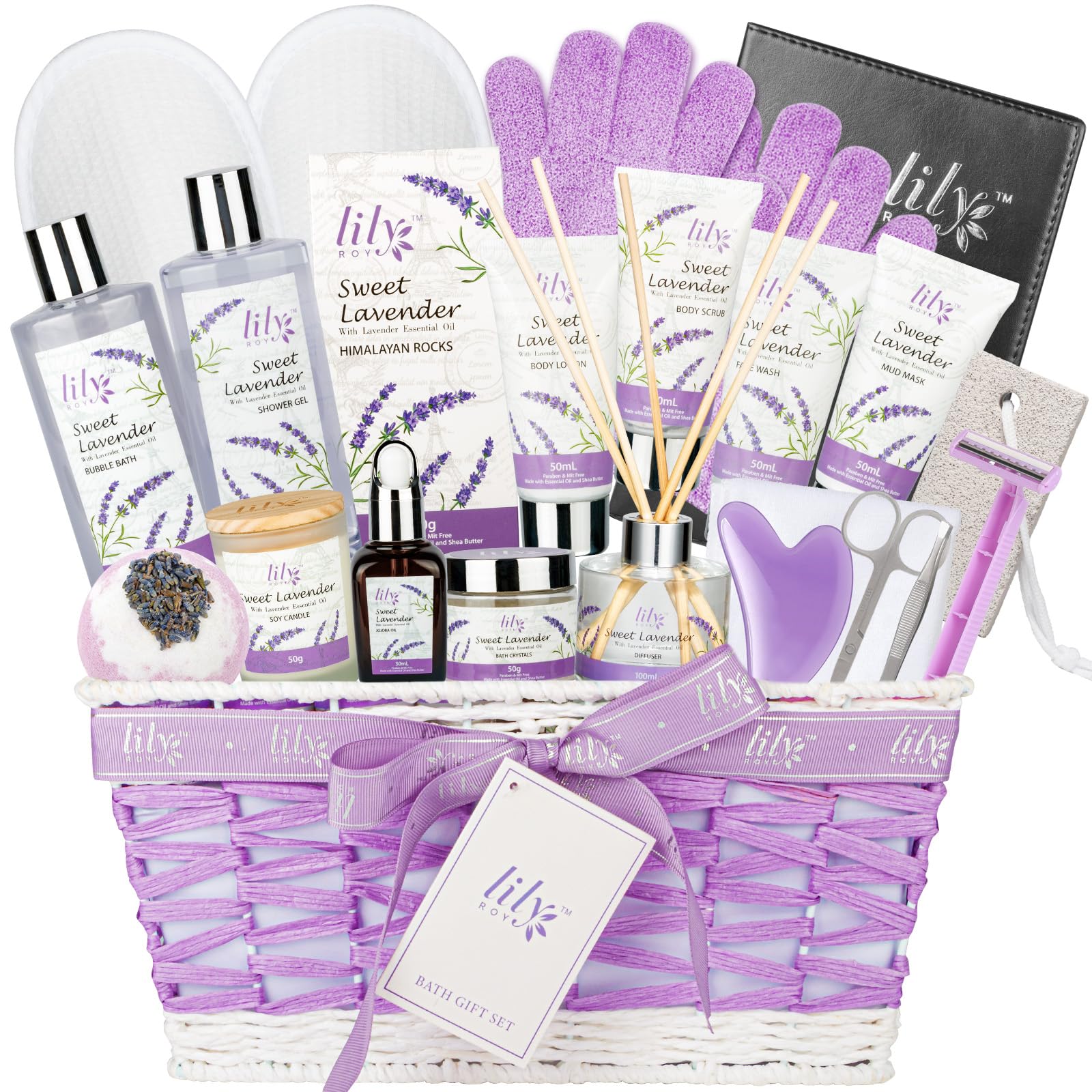 LILY ROY Valentines Spa Gift Set – 22-Piece Lavender Bath & Body Basket