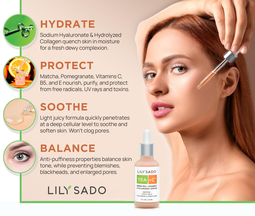 LILY SADO Tea+C Green Tea + Vitamin C Serum – Natural Vegan Antioxidant Facial Serum
